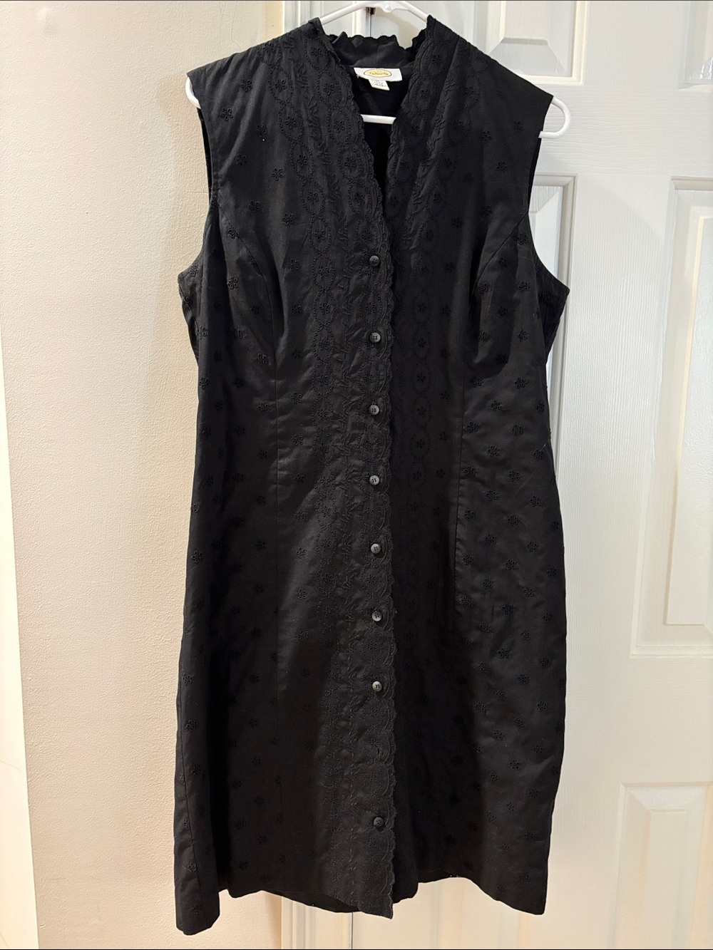Talbots Black Sleeveless Embroidered Button-Front Midi Dress